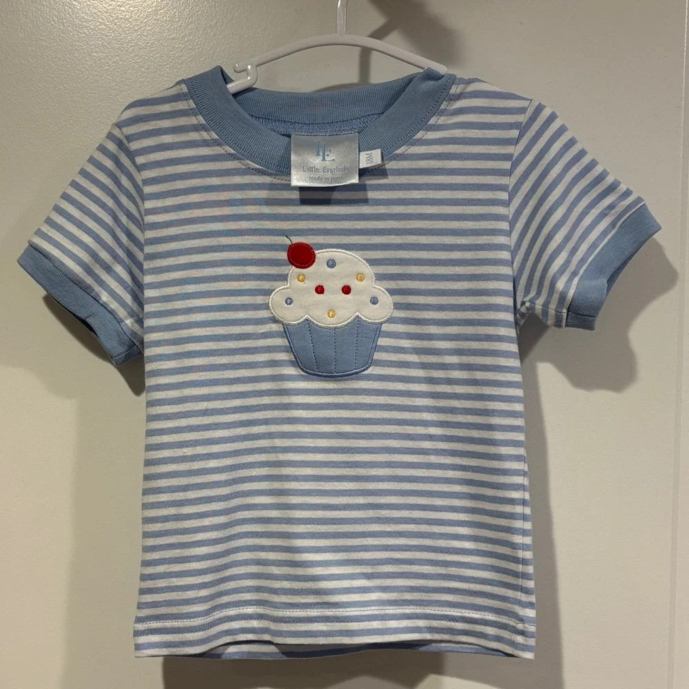 Little English Blue and White Striped Cupcake Birthday Tee - Picture 2 of 2